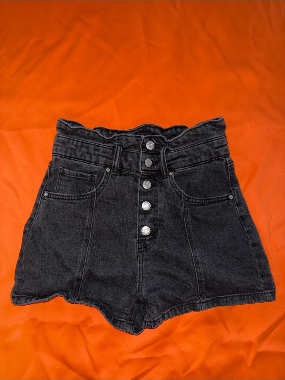 wild fable Black High-Waist Button-Front Paperbag Denim Shorts